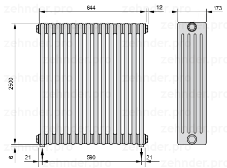 Схема (чертеж) Радиатор Zehnder Charleston 5250/14 №5310 Белый глянцевый RAL 9016